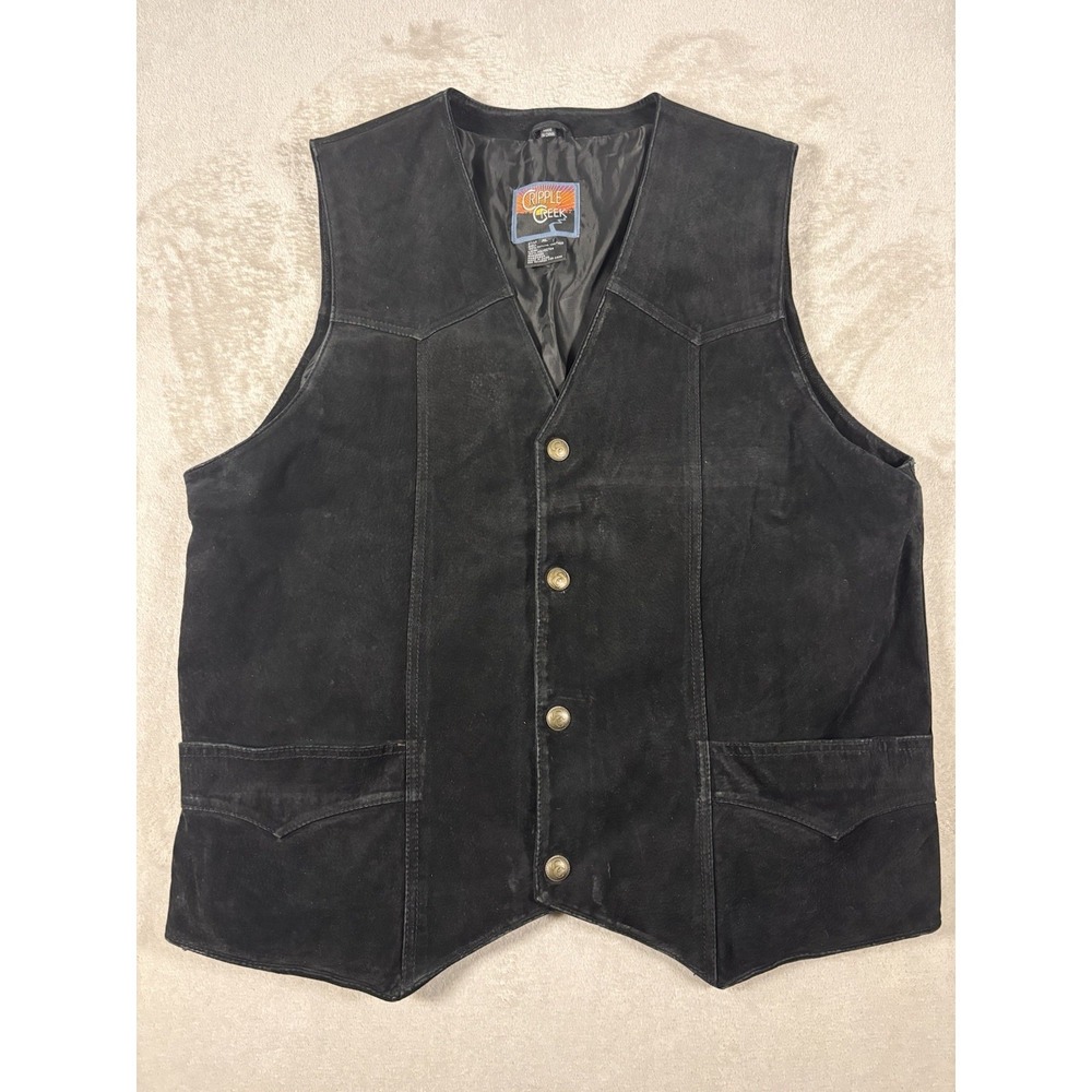 Ripple Creek Black Suede 100% Leather Vest Western Biker Button Front Vintage XL